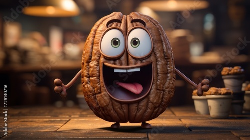 Cartoon style coffee bean character with eyes and a big smile, standing on a wooden surface.