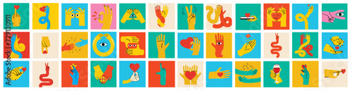 Cartoon hands abstract drawn comic. Set of Hand multicolored different signs and symbols. Drawing style Sticker decals. Retro Y2K. Vector illustration