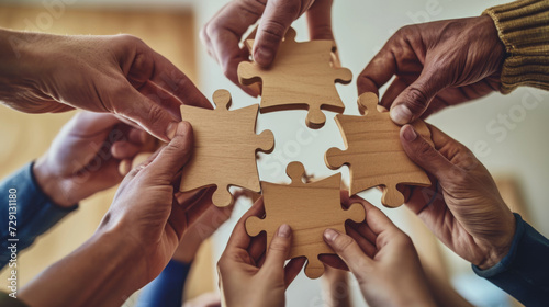 Several hands from different people coming together to connect pieces of a jigsaw puzzle, symbolizing teamwork and collaboration.