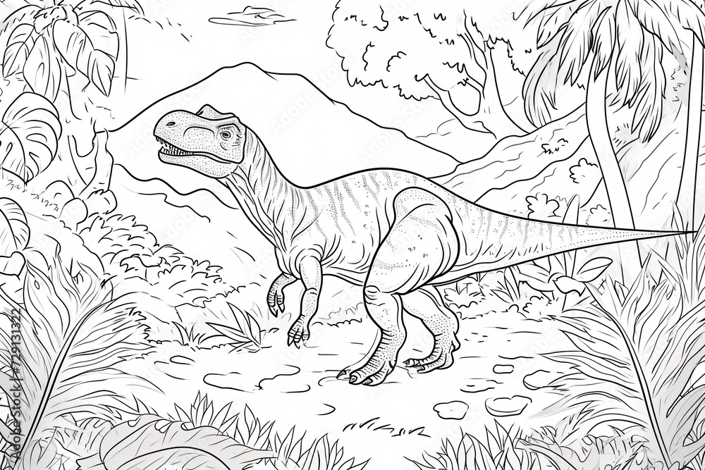 Carnotaurus Dinosaur Black White Linear Doodles Line Art Coloring Page ...