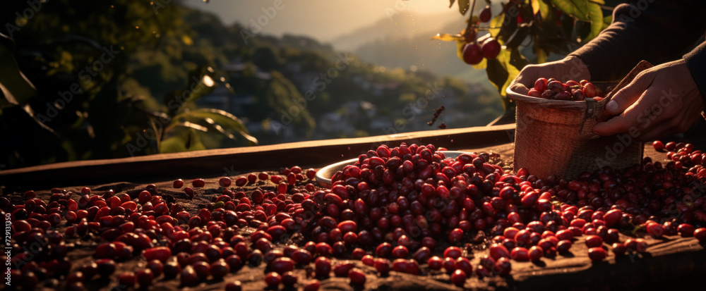 Hand picking ripe coffee beans into a basket with a sunlit plantation in the backdrop. Manufacture of coffee beans - obrazy, fototapety, plakaty 