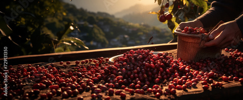 Hand picking ripe coffee beans into a basket with a sunlit plantation in the backdrop. Manufacture of coffee beans