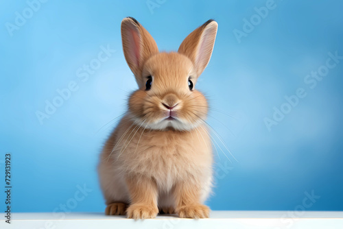 Cute fluffy rabbit on soft blue background. Brown hare is sitting. Fur bunny, pet © Татьяна Клименкова