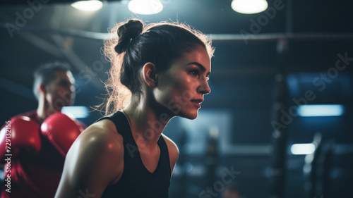 A young woman practices boxing in the gym.