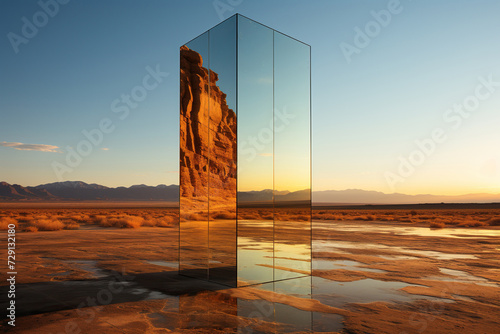 Large mirror in the desert with reflection. Generated by artificial intelligence