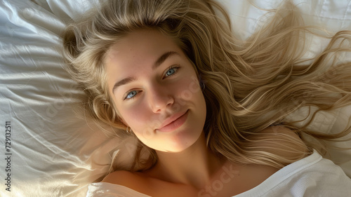 Beautiful young woman in bed.