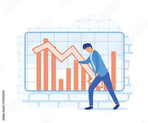 Crisis concept. Bankruptcy with falling down profit graph and money decrease. flat vector modern illustration 