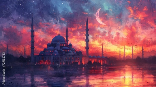Moonlit Mosque A Glowing Tribute to Ramadan Generative AI © Aryan