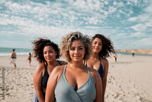 Three African-American women smiling at the beach
