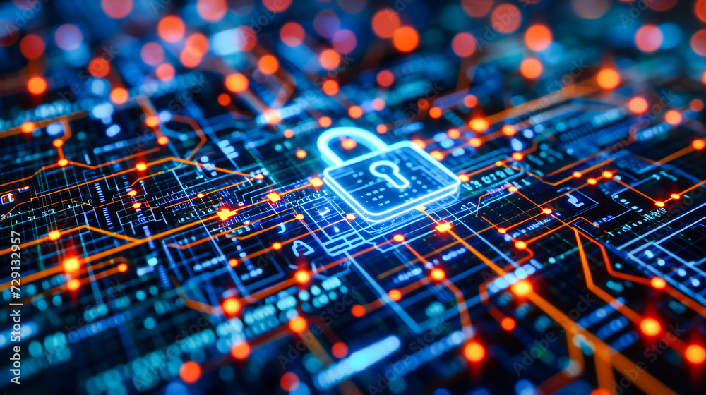 Digital security concept with a focus on cyber protection, featuring symbols of padlocks and network circuitry in a high-tech environment Digital security concept with a focus on cyber protection, featuring symbols of padlocks and network circuitry in a high-tech environment