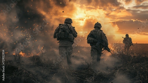 Special operations forces soldier, army ranger or commando in camo uniform, helmet and ballistic glasses walking at battlefield covered with smoke