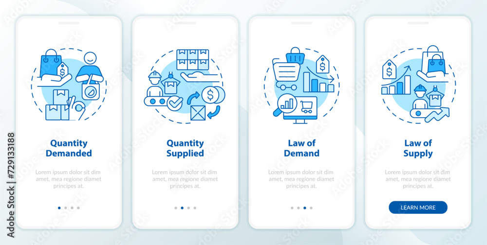 Demand and supply keys blue onboarding mobile app screen. Quantity market walkthrough 4 steps graphic instructions with linear concepts. UI, UX, GUI template. Myriad Pro-Bold, Regular fonts used Demand and supply keys blue onboarding mobile app screen. Quantity market walkthrough 4 steps graphic instructions with linear concepts. UI, UX, GUI template. Myriad Pro-Bold, Regular fonts used