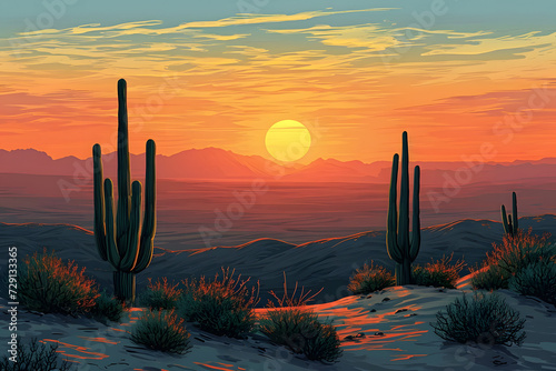 Desert Sunset with Cacti. photo