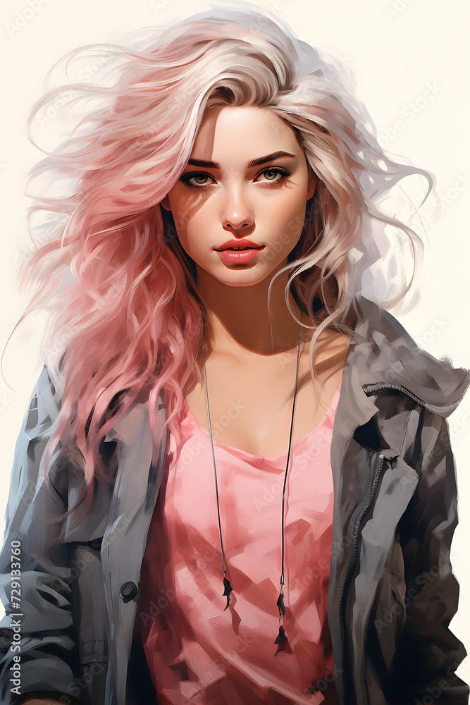 Stylish Woman with Wavy Pink Hair. Generative AI Stylish Woman with Wavy Pink Hair. Generative AI