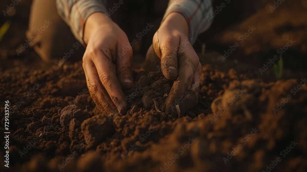 Farmer's hands in soft soil.
