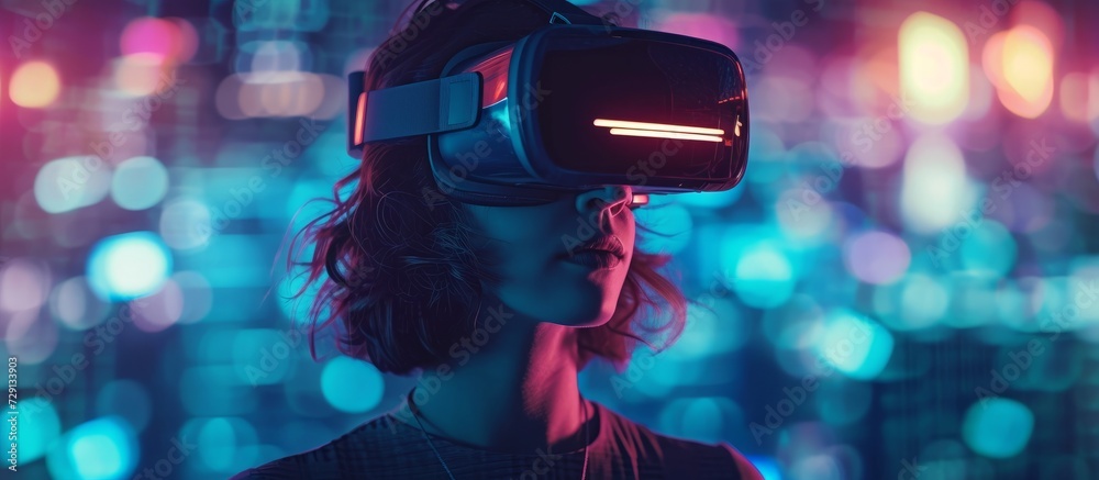 Young woman wearing a virtual reality headset in front of a digital screen. Young woman wearing a virtual reality headset in front of a digital screen.