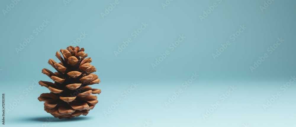 Single brown pine cone on blue background. Old brown pinecone isolated on background. Generative ai