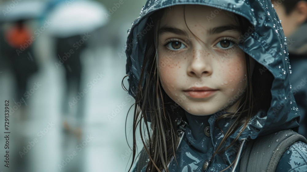 Portrait of a schoolgirl in the middle of a rainy street. Portrait of a schoolgirl in the middle of a rainy street.