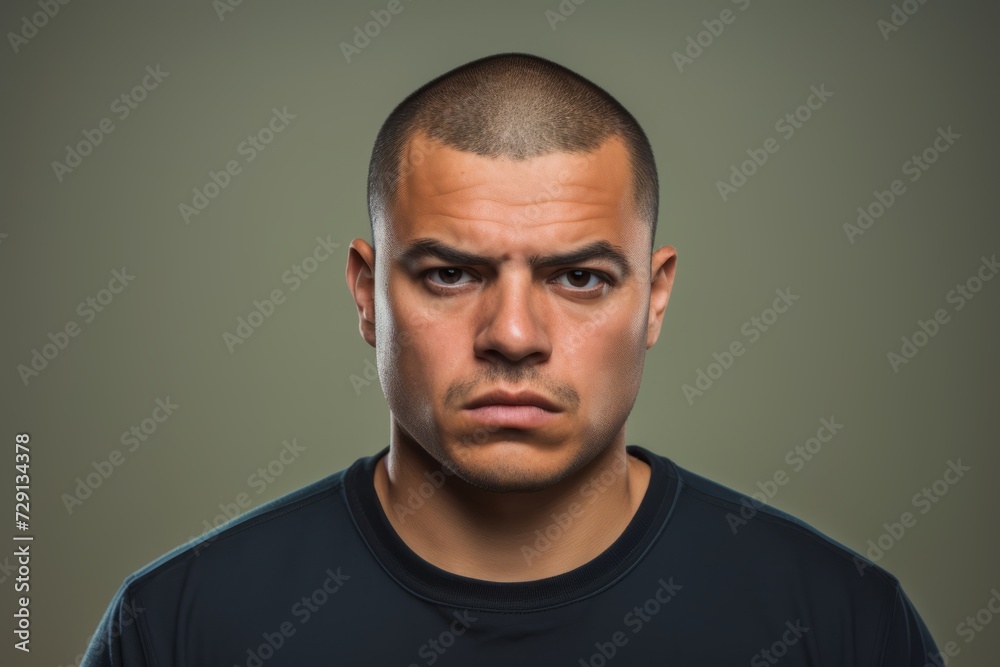 Portrait of a young man with angry facial expression on grey background. Portrait of a young man with angry facial expression on grey background.