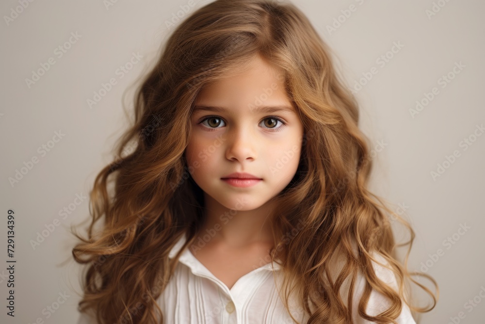 Portrait of a cute little girl with long curly hair on a gray background. Portrait of a cute little girl with long curly hair on a gray background.