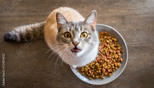 Cat eating from a Small Plate - Curiously looking at the Camera - Feeding Time - Cat Food photo