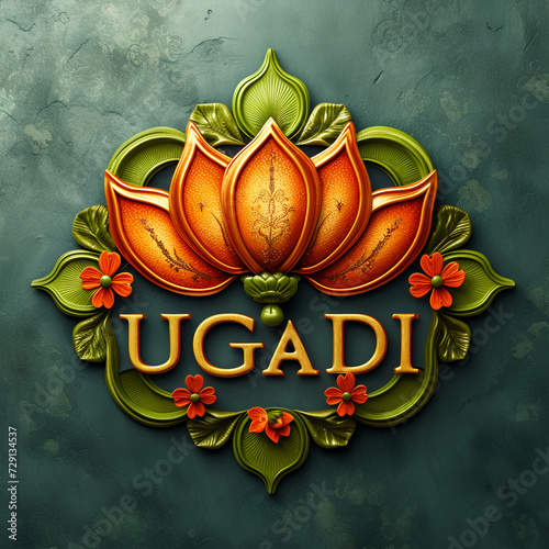 Stylized neem flower illustration logo in Hindu style. Religious holiday and graphic concept. For Ugadi, Gudi Padwa, Hindu New Year celebration. Digital graphic design for logo photo
