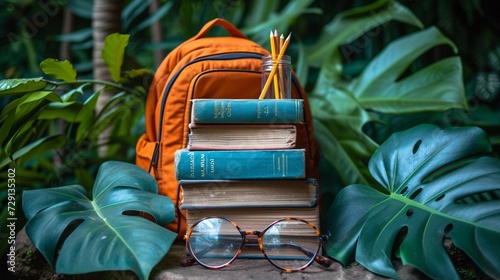 A Backpack Full of Books and Glasses A Monthly Reading Challenge Generative AI photo