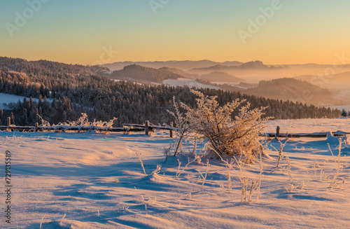 Extremely frosty mountain landscape at sunrise.Pieniny mountain,Poland.