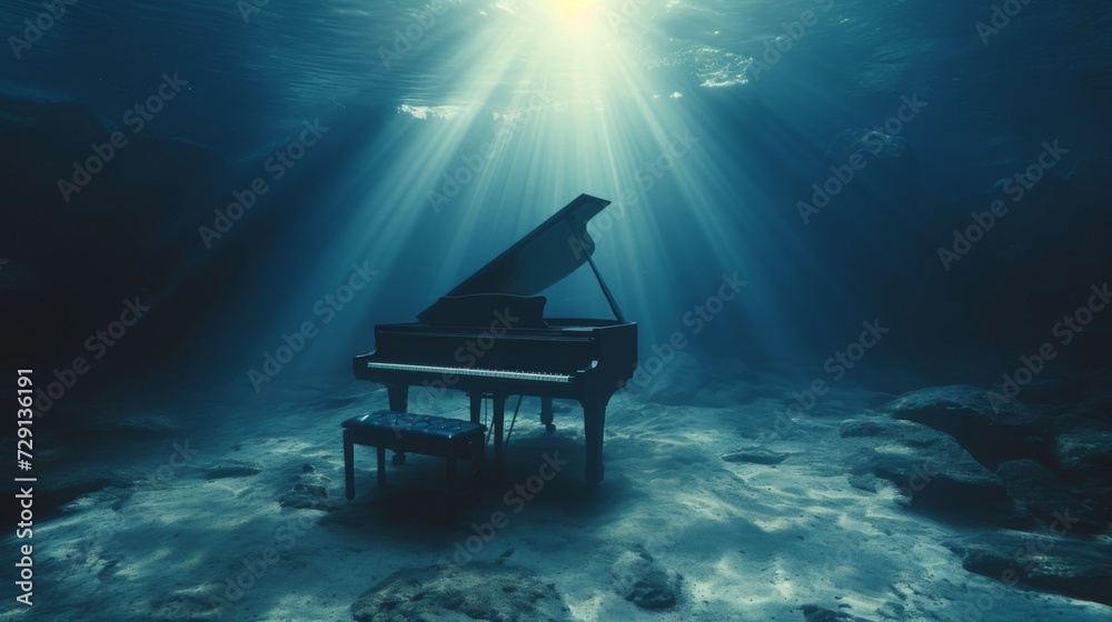 The piano stands underwater at the bottom of the sea