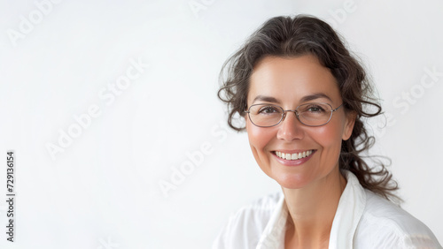 Bright and happy smiling woman in her 40s, wearing glasses, a teacher, isolated on white background, copy space.