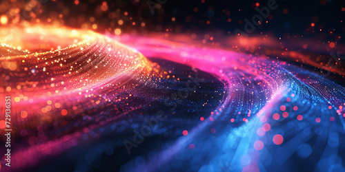 Vibrant Digital Waveform on Dark Background. An abstract, colourful digital wave flows across a dark backdrop with glowing particles.