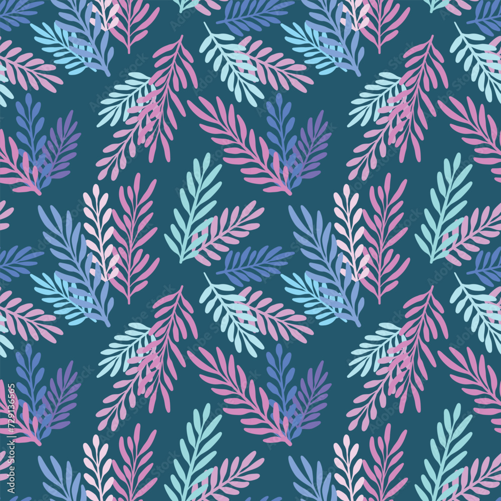 Dark colorful leaf vector pattern, seamless repeating background print, hand drawn vibrant summer wallpaper design, tropical textile
