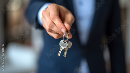 Real estate agent holding out a key