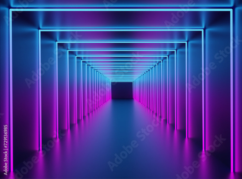 Blue Pink neon tunnel. Corridor with gradient blue pink glowing fluorescent lamp.