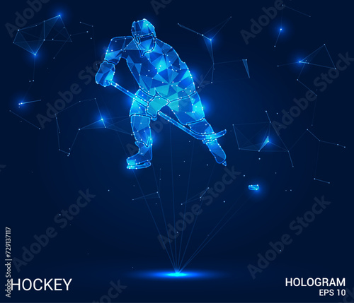 A hologram of hockey. Hockey consists of polygons, triangles of points and lines. Hockey is a low-poly compound structure. Technology concept vector.