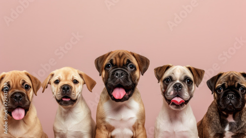 lineup of five adorable puppies with a plain background  each displaying a unique expression.