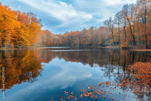 Crisp autumn colors reflected perfectly in the still waters of a serene lake  with a backdrop of a clear blue sky and fluffy clouds. Resplendent.