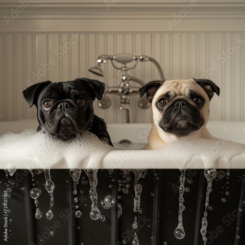French bulldog and pug in black oversized Cambridge cast iron double-ended clawfoot tub, water, and overflowing bubbles. Full view of the tub, bubbles everywhere. © James Ellis