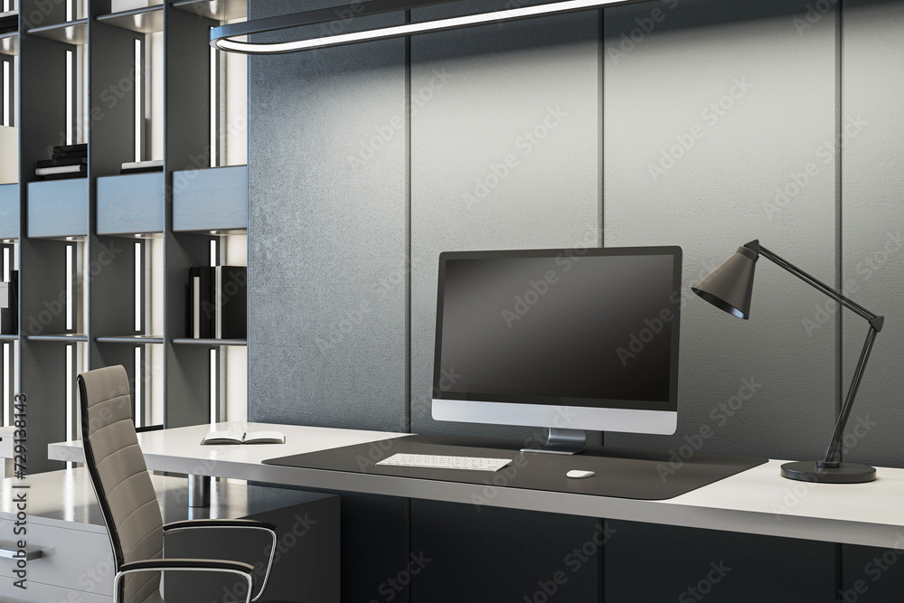 Contemporary office with bookshelves and LED lighting, dark gray theme. Creative environment. 3D Rendering Contemporary office with bookshelves and LED lighting, dark gray theme. Creative environment. 3D Rendering