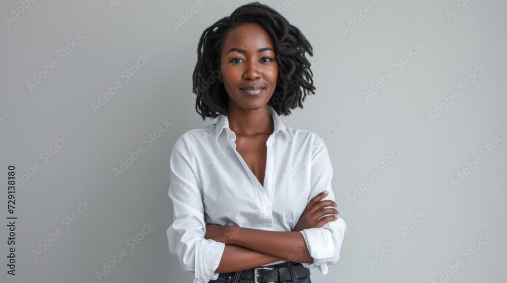 woman with short blonde hair and a confident smile is wearing a white shirt and stands with her arms crossed against a light grey background woman with short blonde hair and a confident smile is wearing a white shirt and stands with her arms crossed against a light grey background