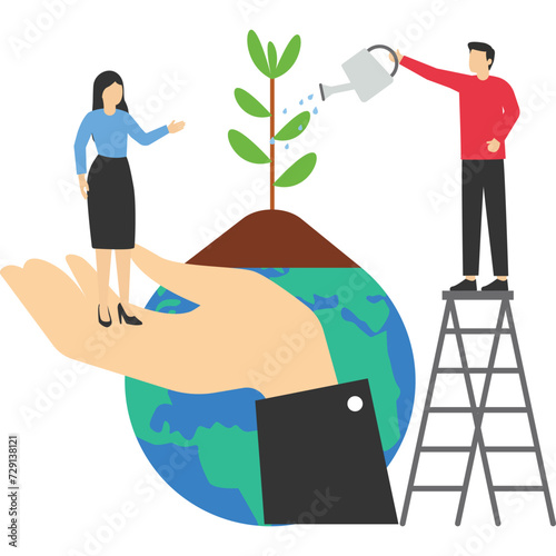 Little people are preparing for the holidays, save the planet, World Environment Day, happy earth day, Bio technology, a city, Vector flat illustration on a white background.