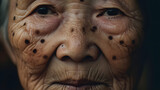 Small brown patches called age spots on face of Asian elder woman. They are also called liver spots, senile lentigo, or sun spots. generative AI.