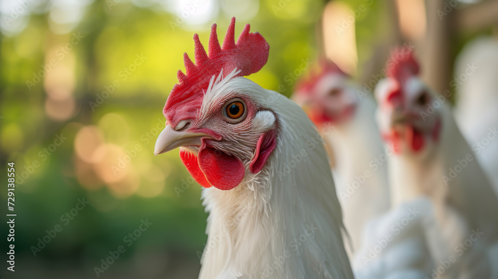 Close-up of a with a prominent red comb and wattles, standing in a sunlit outdoor setting, with other chickens blurred in the background.
