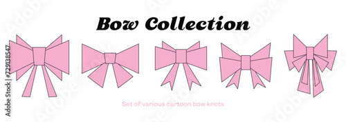 Set of various pink cartoon bow knots, gift ribbons. Trendy cute hair braiding accessory. Flat vector modern illustration in cartoon style isolated on background.
