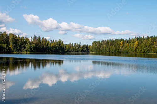 landscape reflection of trees on a lake with blue sky and clouds