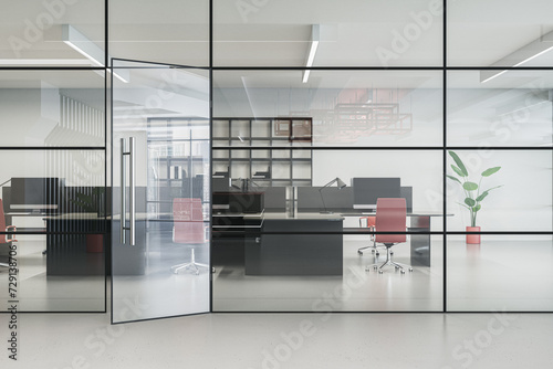 Modern glass office interior with concrete flooring and furniture. Lobby and waiting area concept. 3D Rendering. © Who is Danny
