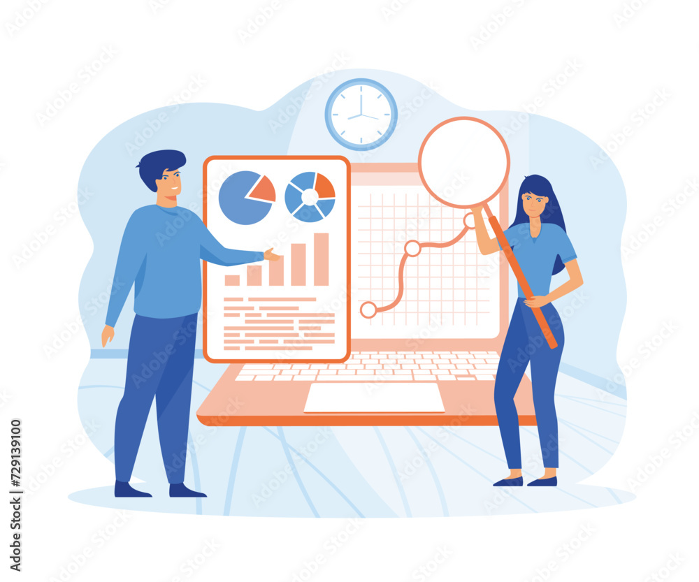 Audit concept. Man and woman analyzing Business operation using magnifying glass. Financial inspection. flat vector modern illustration Audit concept. Man and woman analyzing Business operation using magnifying glass. Financial inspection. flat vector modern illustration