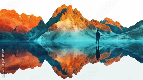 A solitary figure among the majestic contrast of warm and cool mountains reflected in a calm lake