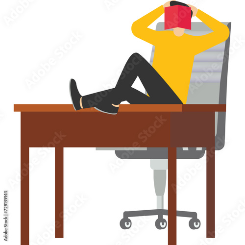 Night slump, boredom and sleepy work concept, laziness and delay of work to be done later, sleeping businessman lying on office chair and alarm clock covering his face with book.