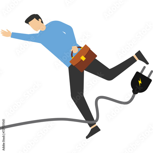 accident or surprise problem concept impact on business, Failure or mistake, clumsy businessman tripping with electric wire falling on the floor. flat vector illustration. photo